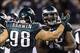 Dec 22, 2013; Philadelphia, PA, USA; Philadelphia Eagles defensive tackle Cedric Thornton (72) celebrates a safety with linebacker Connor Barwin (98) during the third quarter against the Chicago Bears at Lincoln Financial Field. Mandatory Credit: Howard S