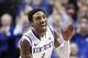 Dec 28, 2013; Lexington, KY, USA; Kentucky Wildcats guard James Young (1) celebrates during the game against the Louisville Cardinals in the second half at Rupp Arena. Kentucky defeated Louisville 73-66. Mandatory Credit: Mark Zerof-USA TODAY Sports