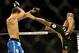 Jul 6, 2013; Las Vegas, NV, USA; Chris Weidman, blue shorts, defeated Anderson Silva (yellow shorts) in the second round with a TKO in their Middleweight Chamionship Bout at the MGM Grand Garden Arena. Mandatory Credit: Jayne Kamin-Oncea-USA TODAY Sports