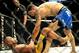Jul 6, 2013; Las Vegas, NV, USA; Chris Weidman (blue gloves) and Anderson Silva (red gloves) during their Middleweight Chamionship Bout at the MGM Grand Garden Arena. Weidman won. Mandatory Credit: Jayne Kamin-Oncea-USA TODAY Sports