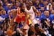 OKLAHOMA CITY, OK - MAY 01: James Harden #13 of the Houston Rockets handles the ball guarded by Reggie Jackson #15 of the Oklahoma City Thunder during the first half of Game Five of the Western Conference Quarterfinals of the 2013 NBA Playoffs at Chesape