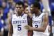 Dec 28, 2013; Lexington, KY, USA; Kentucky Wildcats guard Aaron Harrison (2) and guard Andrew Harrison (5) during the game against the Louisville Cardinals at Rupp Arena. Kentucky defeated Louisville 73-66. Mandatory Credit: Mark Zerof-USA TODAY Sports