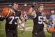 Joe Thomas (left) is pleased with the result. Alex Mack (right) is as excited as a teenage girl.