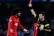 SAN SEBASTIAN, SPAIN - NOVEMBER 05: Marouanne Fellaini of Manchester United is shown a red card by the referee Nicola Rizzoli for a challenge during the UEFA Champions League Group A match between Real Sociedad de Futbol and Manchester United at Estadio