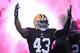Oct 3, 2013; Cleveland, OH, USA; Cleveland Browns strong safety T.J. Ward (43) takes the field before a game against the Buffalo Bills during at FirstEnergy Stadium. Mandatory Credit: Ron Schwane-USA TODAY Sports