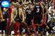 Dec 28, 2013; Portland, OR, USA; Miami Heat small forward LeBron James (6) celebrates with Miami Heat shooting guard Dwyane Wade (3) after Miami Heat center Chris Bosh (1) scores the game winning basket during the fourth quarter of the game against the Po