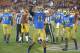 Nov 30, 2013; Los Angeles, CA, USA; UCLA Bruins linebacker Anthony Barr (11) celebrates after sacking Southern California Troans quarterback Cody Kessler (not pictured) in the fourth quarter at Los Angeles Memorial Coliseum. Mandatory Credit: Kirby Lee-US
