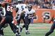 Dec 29, 2013; Cincinnati, OH, USA; Baltimore Ravens running back Ray Rice (27) runs the ball against the Cincinnati Bengals in the first half at Paul Brown Stadium. Mandatory Credit: Mark Zerof-USA TODAY Sports
