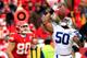 KANSAS CITY, MO - DECEMBER 22: Inside linebacker Jerrell Freeman #50 of the Indianapolis Colts intercepts a pass intended for tight end Anthony Fasano #80 of the Kansas City Chiefs during the game at Arrowhead Stadium on December 22, 2013 in Kansas City,