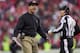 SAN FRANCISCO, CA - DECEMBER 08: Head coach Jim Harbaugh of the San Francisco 49ers objects to a penalty of unnecessary roughness with head linesman Tony Veteri #36 in the fourth quarter against the Seattle Seahawks on December 8, 2013 at Candlestick Par