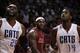 Dec 1, 2013; Miami, FL, USA; Miami Heat small forward LeBron James (6) reacts behind Charlotte Bobcats center Al Jefferson (25) and small forward Michael Kidd-Gilchrist (14) in the second half at American Airlines Arena. The Heat won 99-98. Mandatory Cred