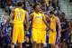 Nov 29, 2013; Auburn Hills, MI, USA; Los Angeles Lakers shooting guard Wesley Johnson (11) and small forward Nick Young (0) celebrate during the fourth quarter against the Detroit Pistons at The Palace of Auburn Hills. Lakers won 106-102. Mandatory Credit