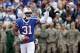 Nov 17, 2013; Orchard Park, NY, USA; Buffalo Bills free safety Jairus Byrd (31) celebrates his first half interception against the New York Jets at Ralph Wilson Stadium. Mandatory Credit: Timothy T. Ludwig-USA TODAY Sports