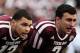 COLLEGE STATION, TX - NOVEMBER 09: Mike Evans #13 (L) and Johnny Manziel #2 of the Texas A&M Aggies wait on the field before the game against the Mississippi State Bulldogs at Kyle Field on November 9, 2013 in College Station, Texas. (Photo by Scott Hal