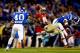 CHARLOTTE, NC - DECEMBER 07: Wide receiver Rashad Greene #80 of the Florida State Seminoles tries to make a catch as cornerback Deondre Singleton #33 and safety Dwayne Norman #40 of the Duke Blue Devils defends during the ACC Championship game at Bank o