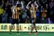 HULL, ENGLAND- DECEMBER 28: James Chester and Robert Koren of Hull City celebrate after Robert Koren scores his 2nd goal during the Barclays Premier League match between Hull City and Fulham at KC stadium on December 28, 2013 in Hull, England. (Photo by R