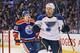 Morrow celebrates a goal in the Blues' visit to Edmonton.