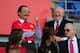 CARDIFF, WALES - OCTOBER 05: Ex Labour leader Neil Kinnock (r) shares a joke with Cardiff owner Vincent Tan before the Barclays Premier League match between Cardiff City and Newcastle United at Cardiff City Stadium on October 5, 2013 in Cardiff, Wales.