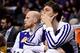 Dec 23, 2013; Phoenix, AZ, USA; Los Angeles Lakers center Pau Gasol (16) and center Chris Kaman (9) react on the bench in the second half against the Phoenix Suns at US Airways Center. The Suns won 117-90. Mandatory Credit: Jennifer Stewart-USA TODAY Spor