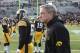 IOWA CITY, IOWA - NOVEMBER 2: Head coach Kirk Ferentz of the Iowa Hawkeyes watches his team warm up before the match-up against the Wisconsin Badgers on November 2, 2013 at Kinnick Stadium in Iowa City, Iowa. (Photo by Matthew Holst/Getty Images)