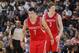 OAKLAND, CA - FEBRUARY 12: Jeremy Lin #7 and Omer Asik #3 of the Houston Rockets in a game against the Golden State Warriors on February 12, 2013 at Oracle Arena in Oakland, California. NOTE TO USER: User expressly acknowledges and agrees that, by downlo