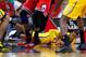 INDIANAPOLIS, IN - OCTOBER 05: C.J. Watson #32 of the Indiana Pacers crashes on the floor after losing his footing during action against the Chicago Bulls on October 5, 2013 at Bankers Life Fieldhouse in Indianapolis, Indiana. Chicago defeated Indiana 82-