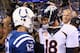 INDIANAPOLIS, IN - OCTOBER 20: Andrew Luck #12 of the Indianapolis Colts and Peyton Manning #18 of the Denver Broncos meet after the game at Lucas Oil Stadium on October 20, 2013 in Indianapolis, Indiana. The Colts won 39-33. (Photo by Andy Lyons/Getty
