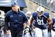 Nov 16, 2013; University Park, PA, USA; Penn State Nittany Lions head coach Bill O'Brien leads his team on the field in front of defensive tackle DaQuan Jones (91) prior to the game against the Purdue Boilermakers at Beaver Stadium. Penn State defeated P