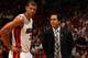 MIAMI, FL - NOVEMBER 9: Erik Spoelstra of the Miami Heat shares a word with Shane Battier #31 drives to the basket against the Boston Celtics on November 9, 2013 at American Airlines Arena in Miami, Florida. NOTE TO USER: User expressly acknowledges and a