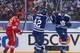 ANN ARBOR, MI - JANUARY 01: James van Riemsdyk #21 of the Toronto Maple Leafs celebrates his second-period goal with teammate Tyler Bozak #42 as Niklas Kronwall #55 of the Detroit Red Wings skates off during the 2014 Bridgestone NHL Winter Classic at Mic
