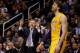 Jan. 30, 2013; Phoenix, AZ, USA: Los Angeles Lakers head coach Mike D'Antoni gestures towards forward Pau Gasol (16) against the Phoenix Suns at the US Airways Center. Mandatory Credit: Mark J. Rebilas-USA TODAY Sports