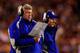 LANDOVER, MD - DECEMBER 30: Quarterbacks coach Kevin Gilbride (L) and head coach Tom Coughlin of the New York Giants look on from the sidelines against the Washington Redskins at FedEx Field on December 30, 2006 in Landover, Maryland. (Photo by Jamie Sq