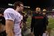 TEMPE, AZ - DECEMBER 07: Head coach David Shaw of the Stanford Cardinal talks with quarterback Kevin Hogan #8 in the final moments of the Pac 12 Championship game against the Arizona State Sun Devils at Sun Devil Stadium on December 7, 2013 in Tempe, Ari