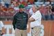 Oct 20, 2012; Austin, TX, USA; Texas Longhorns head coach Mack Brown (right) talks with Baylor Bears head coach Art Briles (left) prior to kick off at Darrell K Royal-Texas Memorial Stadium. Texas beat Baylor 56-50. Mandatory Credit: Brendan Maloney-USA T