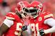 KANSAS CITY, MO - OCTOBER 20: Outside linebacker Tamba Hali #91 of the Kansas City Chiefs is congratulated by outside linebacker Justin Houston #50 after sacking quarterback Case Keenum #7 of the Houston Texans late in the 2nd half of the game at Arrowhe
