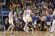 OAKLAND, CA - DECEMBER 3: Stephen Curry #30 of the Golden State Warriors celebrates with teammate Klay Thompson #11 during the game against the Toronto Raptors on December 3, 2013 at Oracle Arena in Oakland, California. NOTE TO USER: User expressly acknow