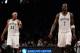 Nov 27, 2013; Brooklyn, NY, USA; Brooklyn Nets small forward Paul Pierce (34) and power forward Kevin Garnett (2) looks on against the Los Angeles Lakers at Barclays Center. The Lakers won 99-94. Mandatory Credit: Joe Camporeale-USA TODAY Sports
