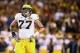 Dec 28, 2013; Tempe, AZ, USA; Michigan Wolverines offensive lineman Taylor Lewan (77) during the first half against the Kansas State Wildcats during the Buffalo Wild Wings Bowl at Sun Devil Stadium. Mandatory Credit: Mark J. Rebilas-USA TODAY Sports