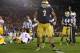 Oct 19, 2013; South Bend, IN, USA; Notre Dame Fighting Irish defensive end Stephon Tuitt (7) celebrates after sacking USC Trojans quarterback Cody Kessler (6) in the third quarter at Notre Dame Stadium. Notre Dame won 14-10. Mandatory Credit: Matt Cashore