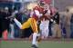 Dec 21, 2013; Las Vegas, NV, USA; Southern California Trojans receiver Marqise Lee (9) is defended by Fresno State Bulldogs safety Derron Smith (13) in the Las Vegas Bowl at Sam Boyd Stadium. USC defeated Fresno State 45-20. Mandatory Credit: Kirby Lee-US