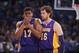 OKLAHOMA CITY, OK - MAY 21: Andrew Bynum #17 of the Los Angeles Lakers and Pau Gasol #16 of the Los Angeles Lakers look on in Game Five of the Western Conference Semifinals between the Los Angeles Lakers and the Oklahoma City Thunder during the 2012 NBA