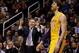Jan. 30, 2013; Phoenix, AZ, USA: Los Angeles Lakers head coach Mike D'Antoni gestures towards forward Pau Gasol (16) against the Phoenix Suns at the US Airways Center. Mandatory Credit: Mark J. Rebilas-USA TODAY Sports