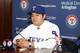 ARLINGTON, TX - DECEMBER 27: Shin-Soo Choo #17 of the Texas Rangers takes questions from the Korean media during the press conference introducing Choo at Rangers Ballpark in Arlington on December 27, 2013 in Arlington, Texas. (Photo by Rick Yeatts/Getty