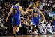 Jan 2, 2014; Miami, FL, USA; Golden State Warriors point guard Stephen Curry (right) greets teammate Golden State Warriors shooting guard Klay Thompson (left) during the second half against the Miami Heat at American Airlines Arena. Mandatory Credit: Stev