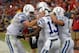 Nov 3, 2013; Houston, TX, USA; Indianapolis Colts quarterback Andrew Luck (12) celebrates throwing a touchdown to wide receiver T.Y. Hilton (13) against the Houston Texans during the second half at Reliant Stadium. The Colts won 27-24. Mandatory Credit: T