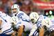 Nov 24, 2013; Phoenix, AZ, USA; Indianapolis Colts quarterback Andrew Luck (12) against the Arizona Cardinals at University of Phoenix Stadium. The Cardinals defeated the Colts 40-11. Mandatory Credit: Mark J. Rebilas-USA TODAY Sports