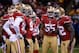 Jan 12, 2013; San Francisco, CA, USA; San Francisco 49ers inside linebacker Patrick Willis (52) leads a huddle against the Green Bay Packers during the second quarter of the NFC divisional round playoff game at Candlestick Park. Mandatory Credit: Robert