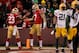 Jan 12, 2013; San Francisco, CA, USA; San Francisco 49ers quarterback Colin Kaepernick (7) is congratulated by running back LaMichael James (23) after scoring a touchdown against the Green Bay Packers during the third quarter of the NFC divisional round p
