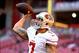 Dec 29, 2013; Phoenix, AZ, USA; San Francisco 49ers quarterback Colin Kaepernick warms up prior to the game against the Arizons Cardinals at University of Phoenix Stadium. Mandatory Credit: Mark J. Rebilas-USA TODAY Sports