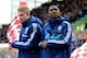 STOKE ON TRENT, ENGLAND - DECEMBER 07: Chelsea substitutes Kevin De Bruyne and Samuel Eto'o walk out onto the pitch clutching hotwater bottles during the Barclays Premier League match between Stoke City and Chelsea at Britannia Stadium on December 7, 20